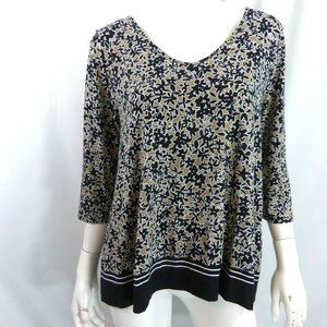 J Jill Wearever Petite Large Floral Stretchy Tan Navy LP Top 3/4 Sleeve